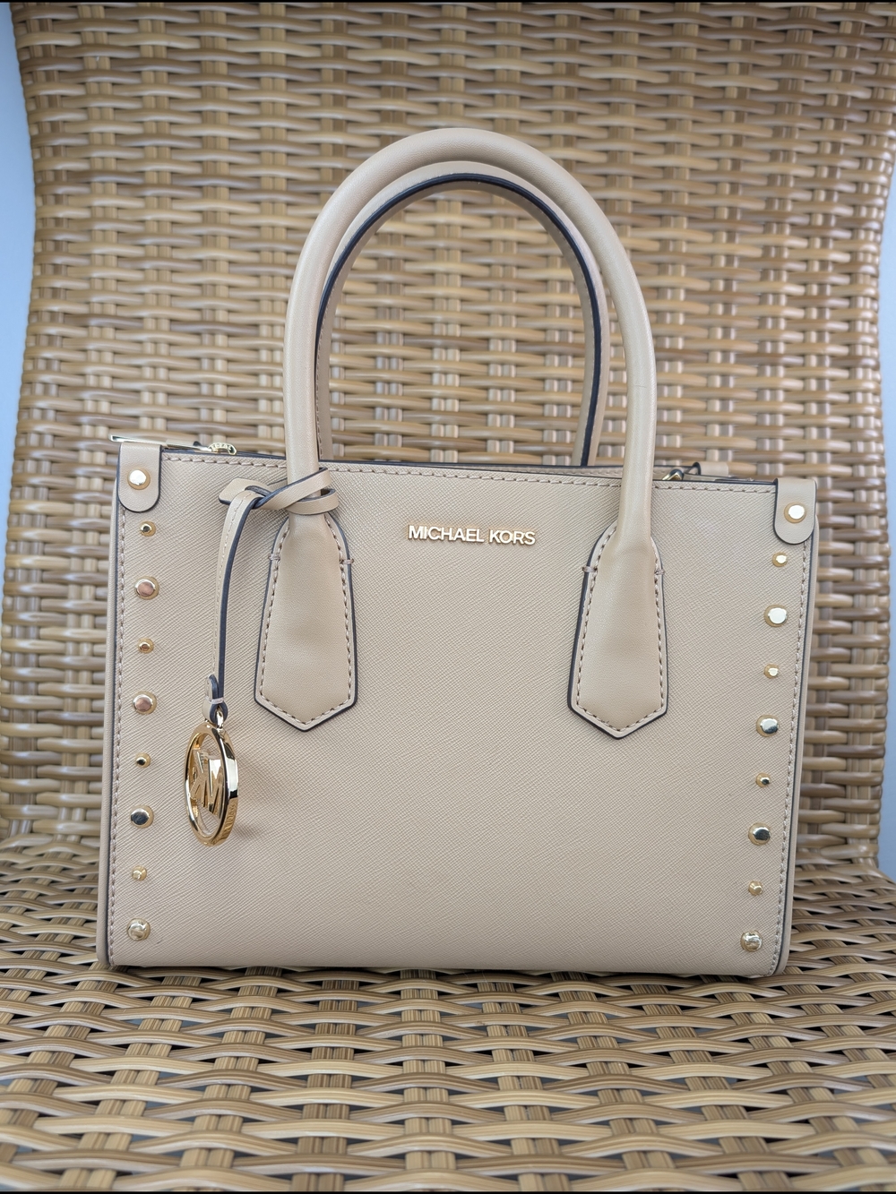Michael Kors Beige Saffiano Leather Satchel Purse Tote Bag Stud Detail Small